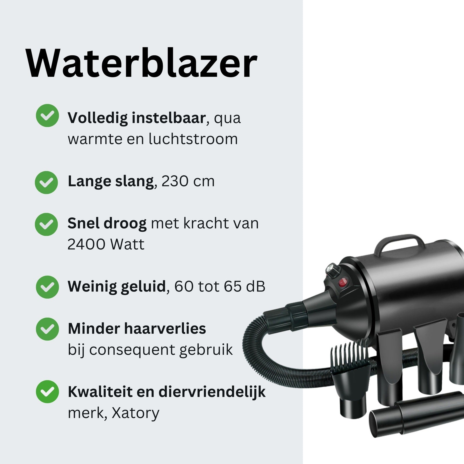 Xatory - Waterblazer voor honden - Waterblazer hond - Stille waterblazer hond - Zwart 2400 watt - Hondenfohn - 4 opzetstukken - Dogzoo